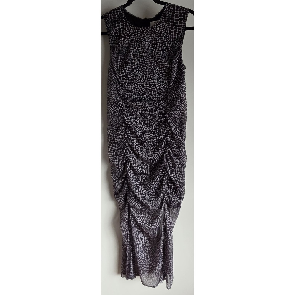 Saunders Collective Midi Dress 8 Animal Print Black White Sleeveless Ruched Mesh